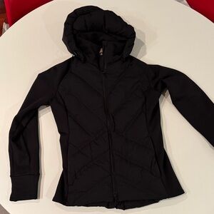Athleta Black Puffer Jacket with removable Hood, slim cut
